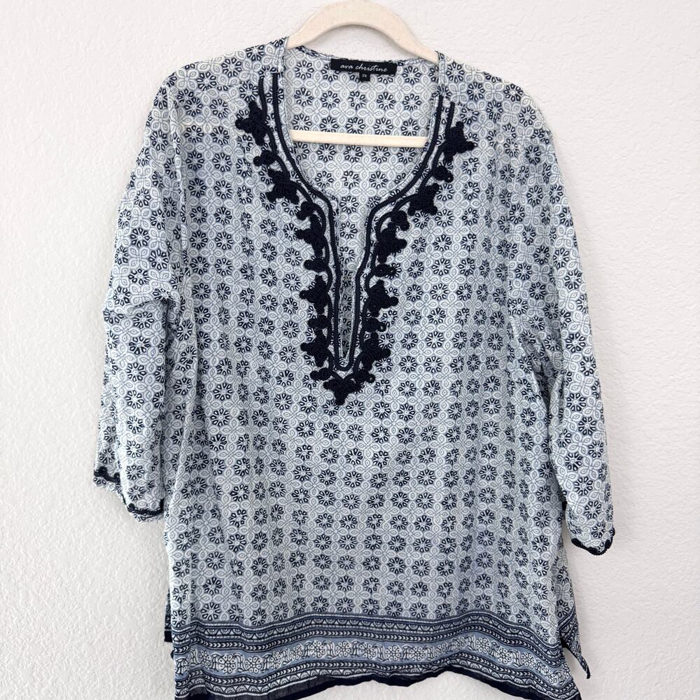 Ava Christine Womens Tunic Top Size 2X 100% Cotton Embroidered Flowy Blue